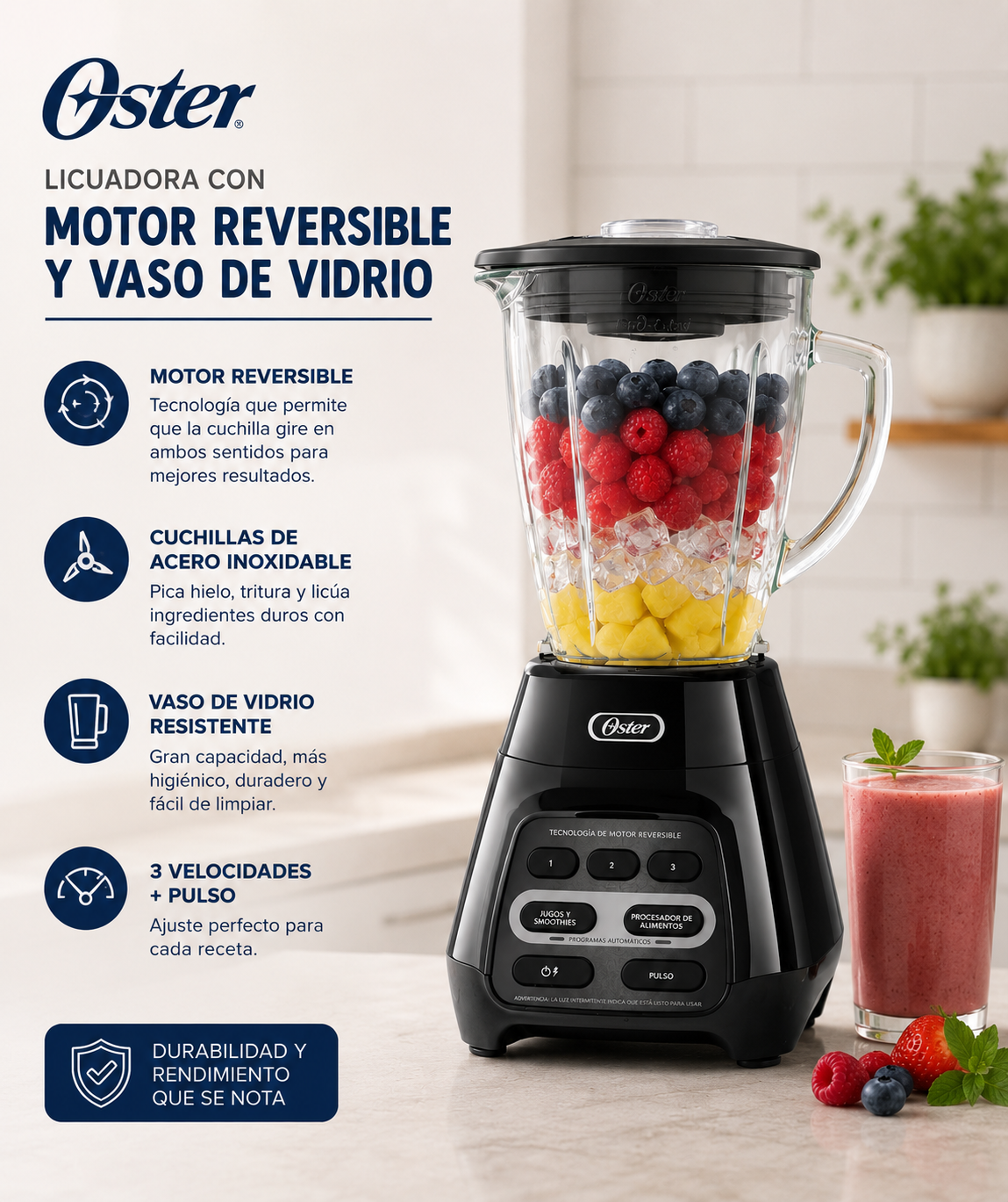 Licuadora Oster Motor Reversible Vaso De Vidrio  Negro 110v