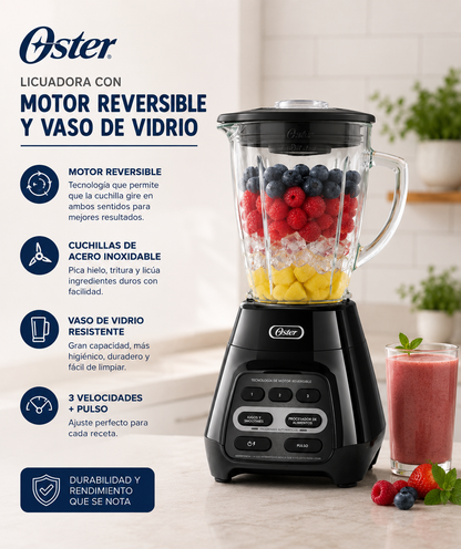 Licuadora Oster Motor Reversible Vaso De Vidrio  Negro 110v