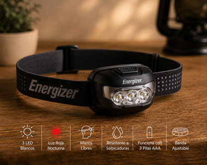 Linterna Manos Libres Energzer 3 Led Para Cabeza O Casco Led Negro