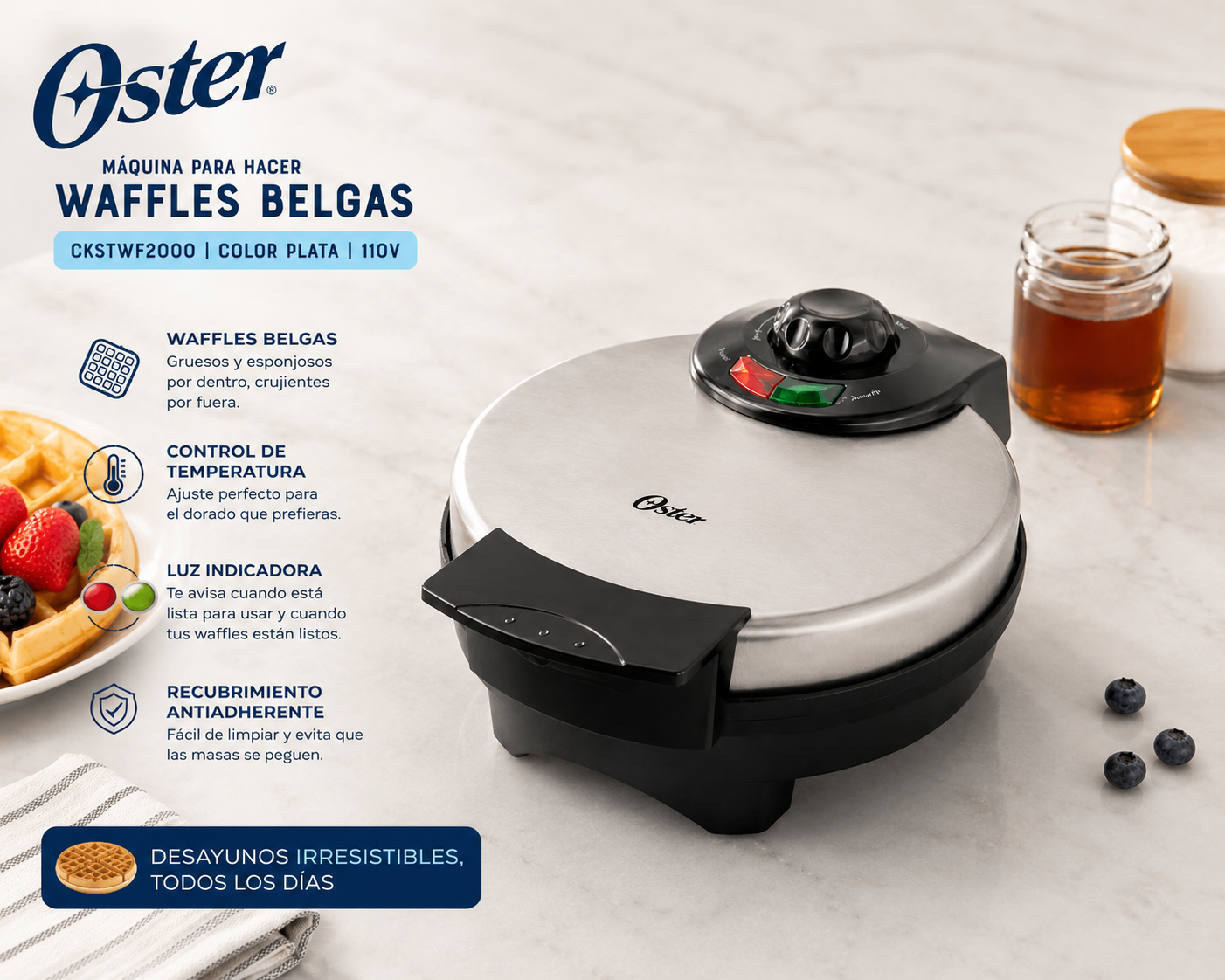 Máquina Oster® Para Hacer Waffles Belgas Ckstwf2000 Color Plata 110v
