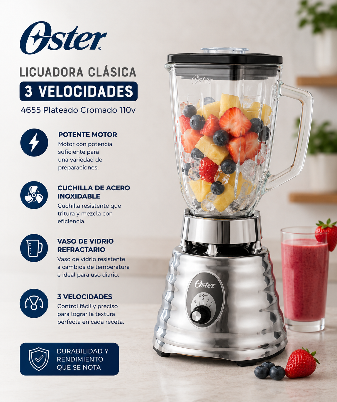 Licuadora Oster  Clásica 3 Velocidades 4655 Plateado Cromado 110v