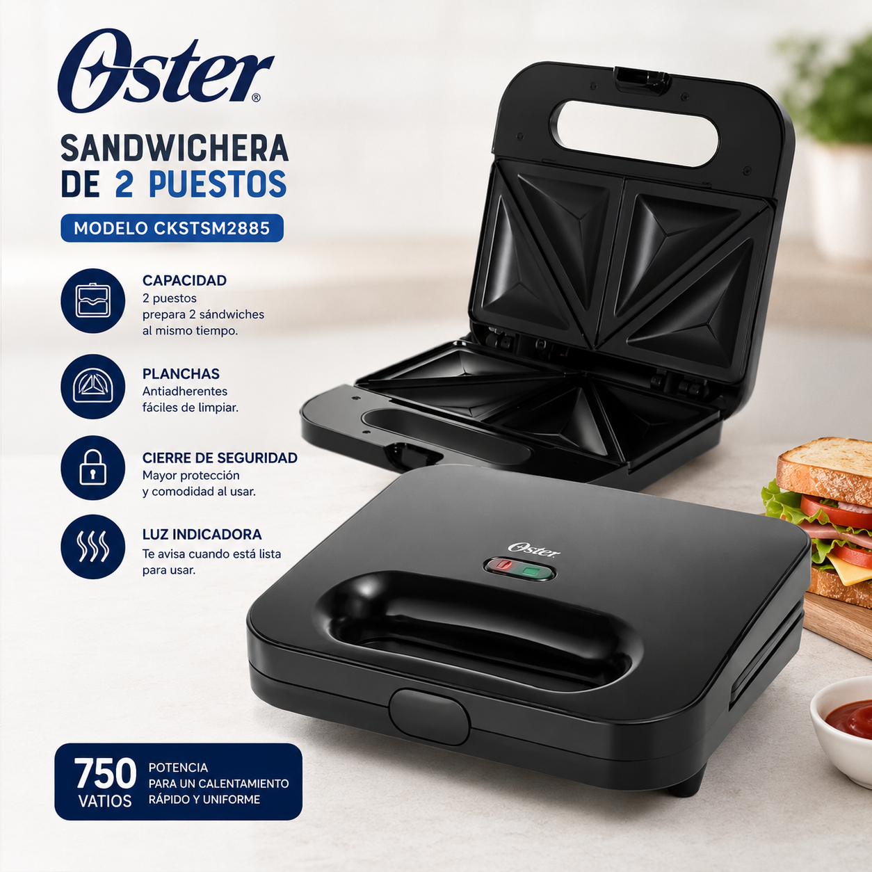 Sandwichera Oster Negra de 2 Puestos Modelo CKSTSM2885