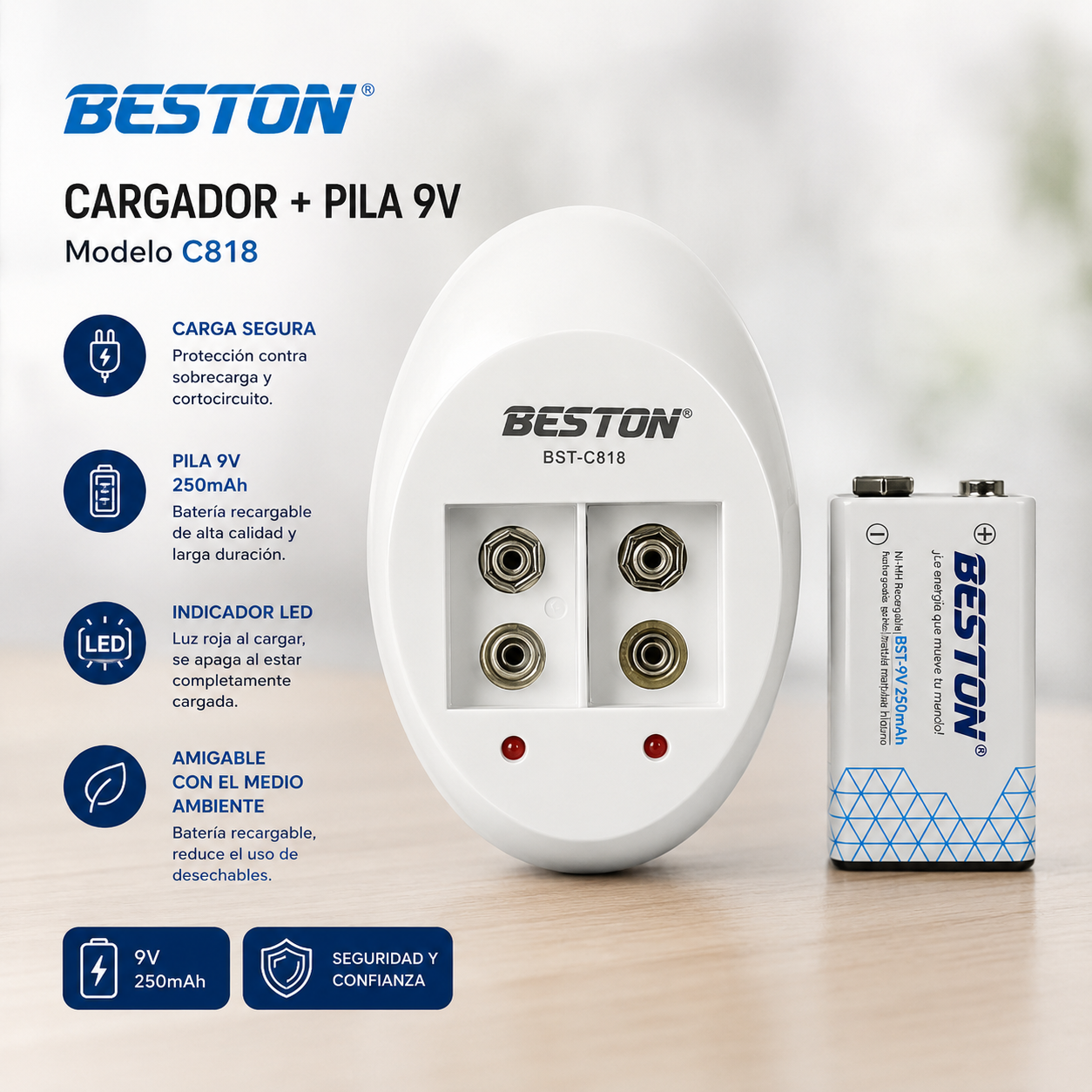 Cargador Mas Pila 9v Beston C818 Pila De 250 Mah