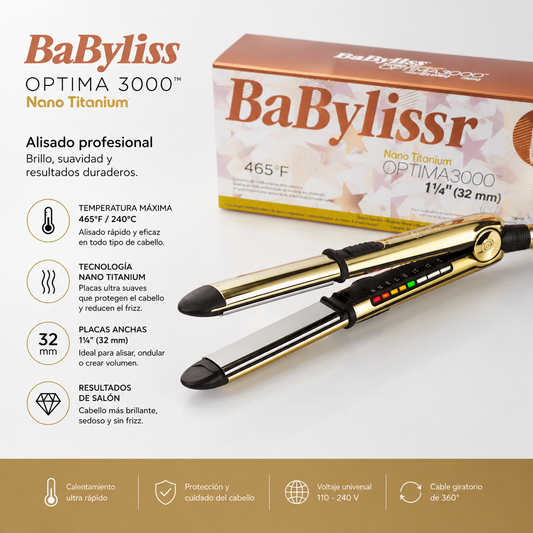 ✨ Plancha de Cabello BaBylissPRO Nano Titanium Optima 3000 Rose Gold 220V